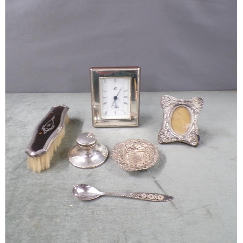 1736 - BOX OF SILVER ITEMS TO INC. CAPSTAN INKWELL, SILVER CASED CLOCK, SILVER AND TORTOISESHELL BRUSH ETC