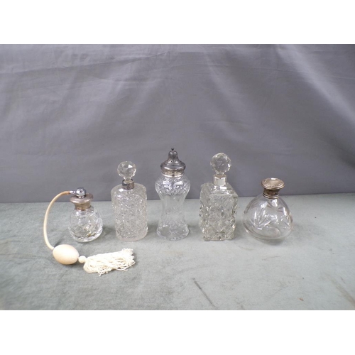 1748 - BOX OF FIVE SILVER TOP SCENT BOTTLES