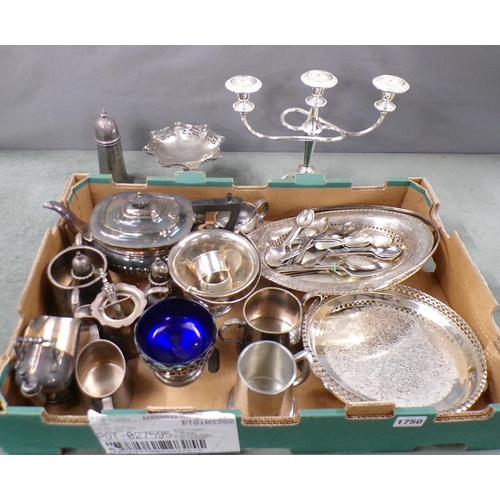 1750 - BOX OF MIXED SILVER PLATE TO INC. TEAWARES, SUGAR SIFTERS, CUTLERY, NAPKIN RINGS, ETC