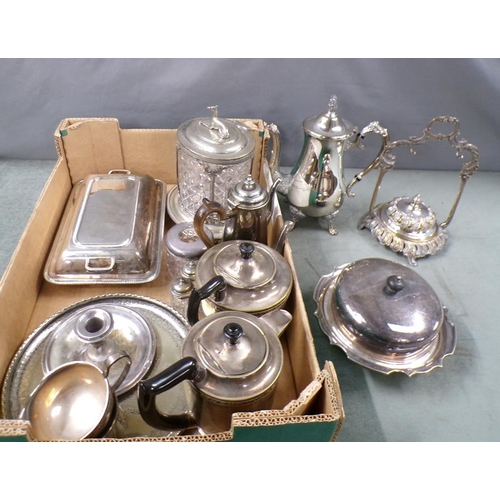 1751 - LARGE BOX OF SILVER PLATED WARES TO INC. MUFFIN DISH AND COVER, CANDLESTICKS ETC.