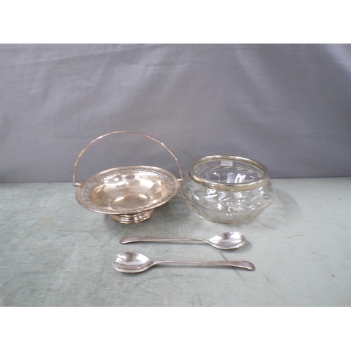 1754 - CUT GLASS SALAD BOWL AND SILVER PLATED SERVERS WITH SILVER PLATED PIERCED BASKET