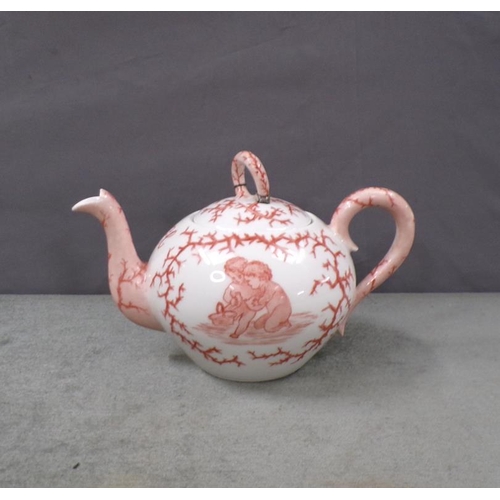 1817 - PORCELAIN TEAPOT DECORATED WITH CORAL AND CHERUBS, 11CM H