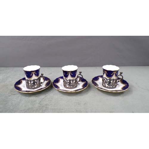 1832 - THREE COPELAND COBALT BLUE COFFEE CANS,7CM H AND SAUCERS WITH SILVER HOLDERS