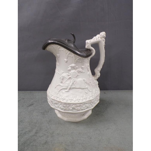 1836 - RIDGEWAY SALT GLAZED AND MOULDED PEWTER LIDDED JUG, 19CM H