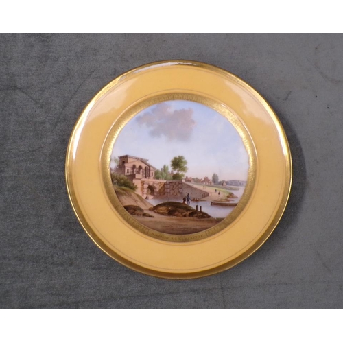 1846 - 19C HAND PAINTED PORCELAIN PLATE - RIVERSCAPE SCENE, 23CM DIAM