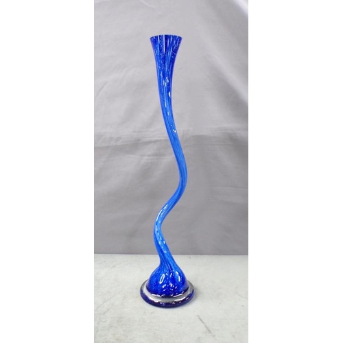 1855 - TALL BLUE TWISTED ART GLASS VASE, 59CM H