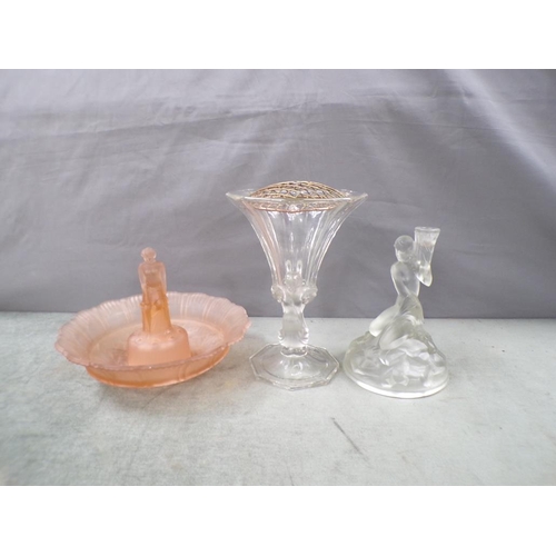 1856 - ART DECO GLASS VASE, 28CM H; BOWL; CANDLESTICK