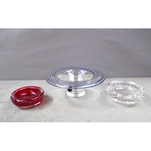 1861 - TWO WHITEFRIARS BUBBLE GLASS DISHES; ART GLASS BOWL, 21CM DIAM