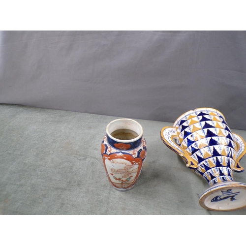 1872 - IMARI VASE;  TWO HANDLED CUP; FAIENCE LAMP BASE, 32CM H