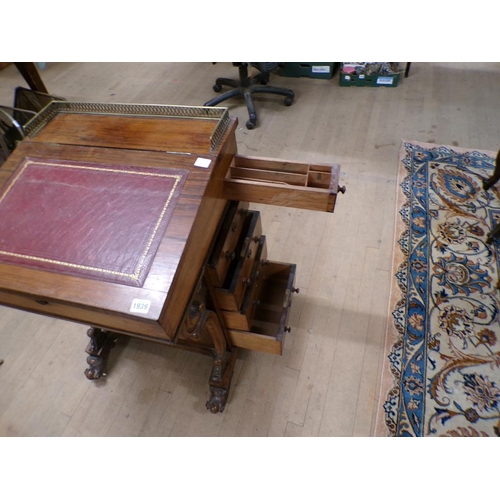 1939 - VICTORIAN ROSEWOOD DAVENPORT WITH LIFT UP SLOPE AND FITTED INTERIOR 53 x 83 cms