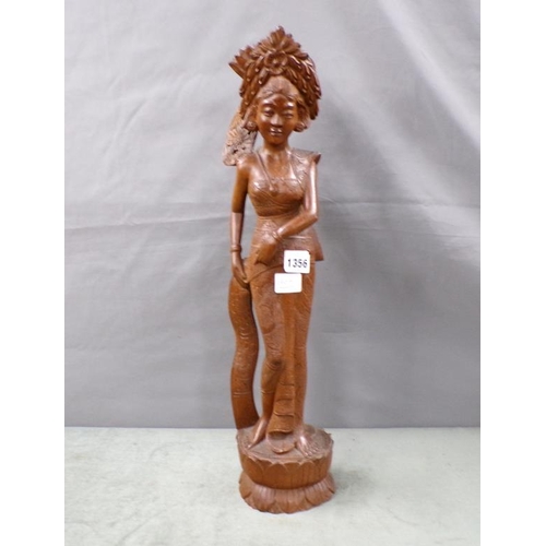 1356 - POLYNESIAN CARVED WOOD FIGURE OF A LADY, 58CM H