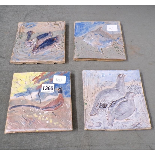 1365 - FOUR POTTERY TILES - GAME AND FISH, EACH 14CM SQ