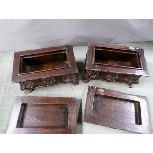 1398 - TWO 18C STYLE CARVED WOOD BOXES WITH LIFT OFF COVERS - FIRE DAMAGED, 32CM W