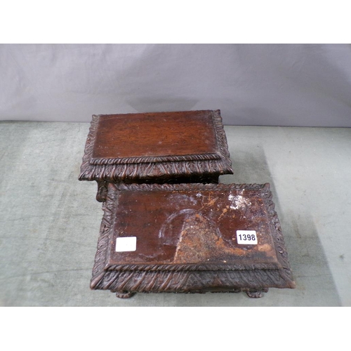 1398 - TWO 18C STYLE CARVED WOOD BOXES WITH LIFT OFF COVERS - FIRE DAMAGED, 32CM W