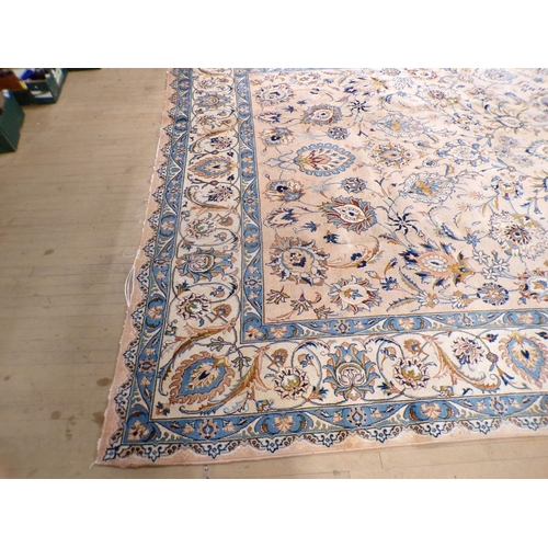 1944 - WOOLLEN CARPET OF FAWN BROWN AND BLUE FLORAL PATTERN 375 x 293 cms