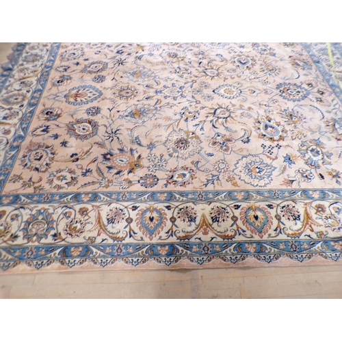 1944 - WOOLLEN CARPET OF FAWN BROWN AND BLUE FLORAL PATTERN 375 x 293 cms