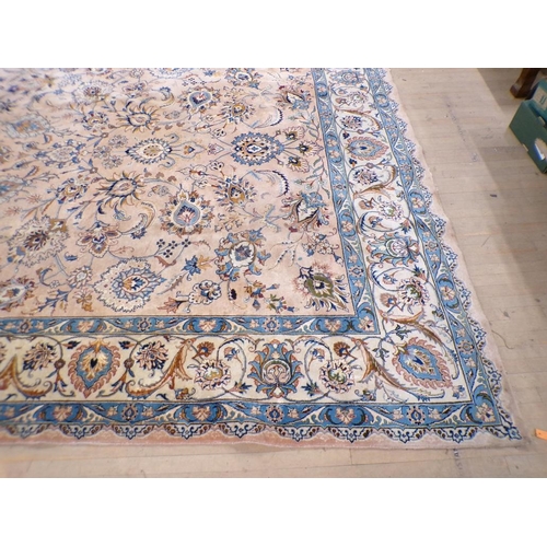 1944 - WOOLLEN CARPET OF FAWN BROWN AND BLUE FLORAL PATTERN 375 x 293 cms