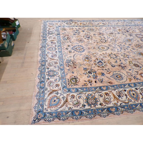 1944 - WOOLLEN CARPET OF FAWN BROWN AND BLUE FLORAL PATTERN 375 x 293 cms