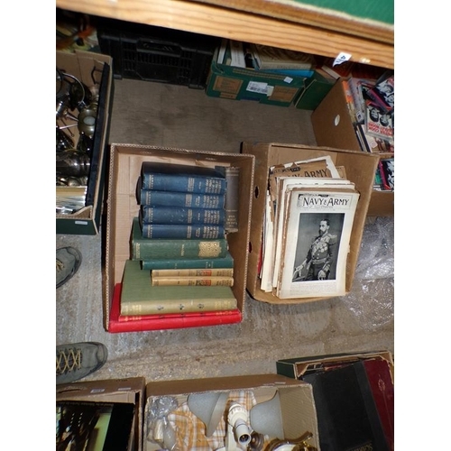 510 - TWO BOXES OF MIXED BOOKS AND MAGAZINES, HISTORY OF WAR, ARMY AND NAVY ILLUSTRATED ETC.