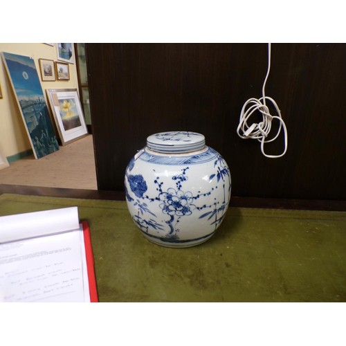 1906 - ORIENTAL BLUE AND WHITE GINGER JAR AND COVER 24cms H