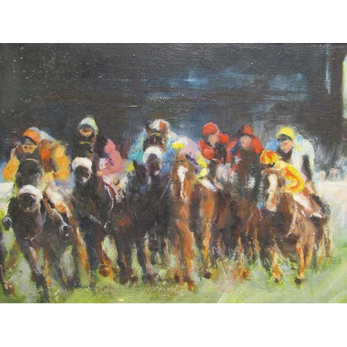 377 - FRAMED OIL ON CANVAS - HORSE RACING