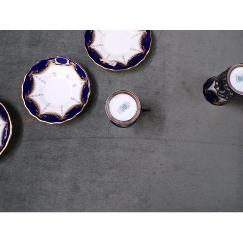 1832 - THREE COPELAND COBALT BLUE COFFEE CANS,7CM H AND SAUCERS WITH SILVER HOLDERS