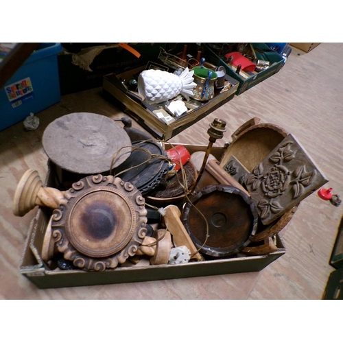 180 - BOX OF TREEN - LAMPS, TRAYS ETC