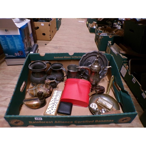 182 - BOX OF MIXED METALWARE - PEWTER TANKARDS ETC