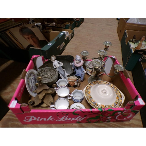 202 - BOX OF MIXED CERAMICS, FIGURINES, METALWARE ETC