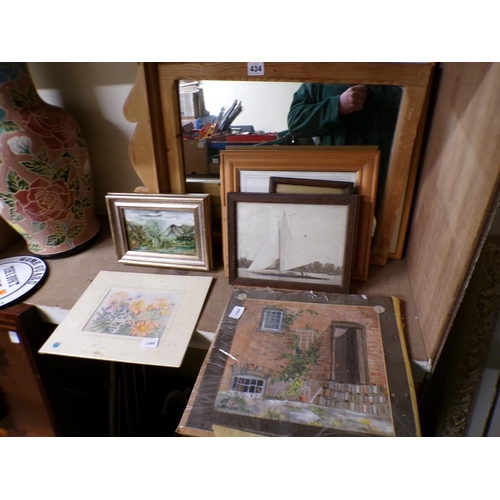 434 - QTY OF FRAMED WATERCOLOURS, MIRROR ETC