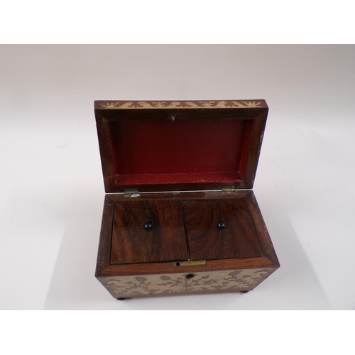 1355 - GEORGIAN INLAID TWO COMPARTMENT TEA CADDY, 23CM W