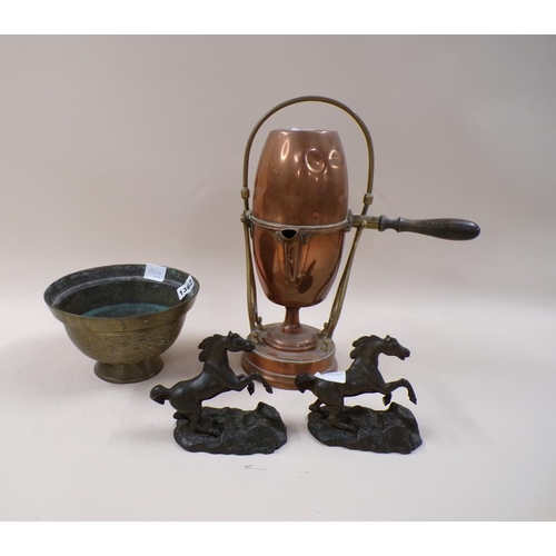 1362 - ORIENTAL BRASS BOWL, 12CM H; PAIR OF CAST IRON HORSES; COPPER KETTLE BURNER AND STAND