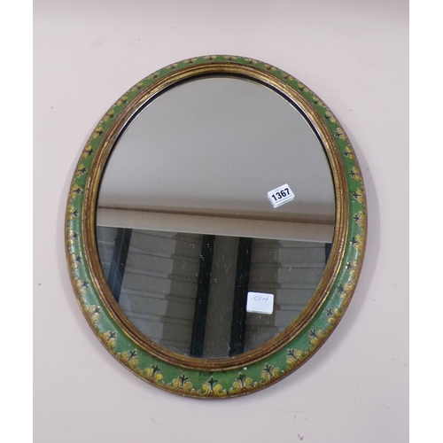 1367 - EARLY 20C OVAL MIRROR WITH PAINTED BORDER, 40CM W