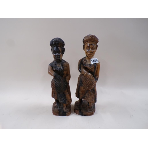 1408 - PAIR OF LARGE CARVED AFRICAN HARDWOOD FIGURES, 35CM H