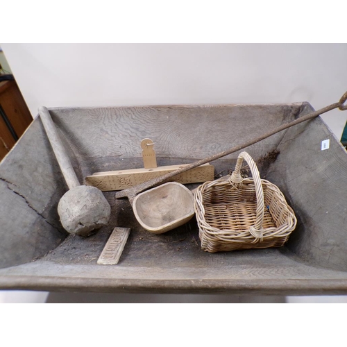 1432 - ANTIQUE DOUGH BIN, 98CM W WITH TOOLS, WICKER BASKET, MALLET