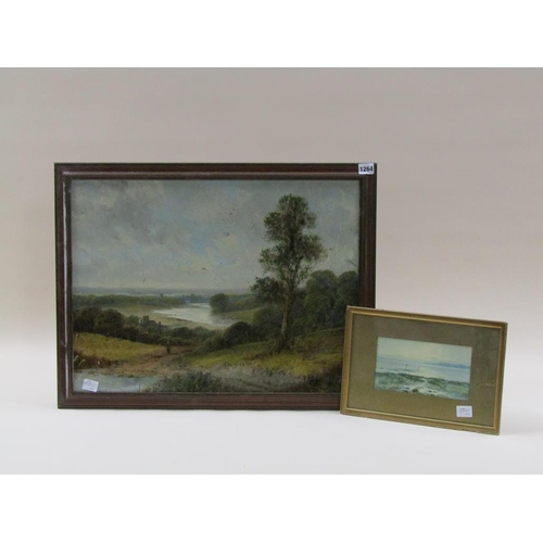 1264 - THREE PICTURES - ONE UNFRAMED OIL ON CANVAS, FATHER AND CHILD BY RIVER, EXTENSIVE RIVERSCAPE AND ONE... 