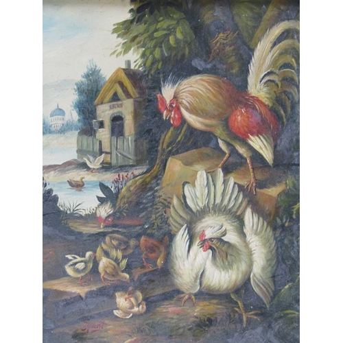 1279 - HUNT - COCKERELS AND HENS WITH CHICKS, GILT FRAMED OIL ON PANEL, 24CM X 19CM