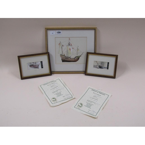 1281 - JOHN YOUNG - TWO FRAMED MINIATURE PAINTINGS OF BOATS; ONE LARGER