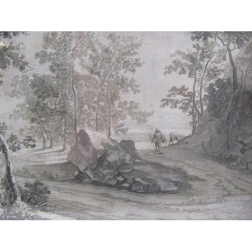 1282 - LATE 18C MONOCHROME WATERCOLOUR - CATTLE DROVER WITH HIS BEAST, SIGNED FAN. BOTH, 16CM X 24CM