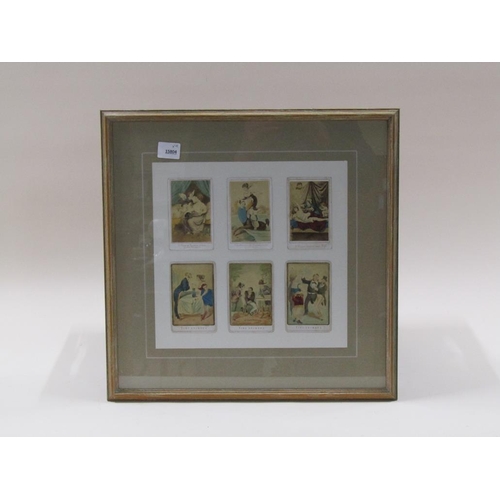 1285 - COLLECTION OF FOUR COLOURED PRINTS - VARIOUS TITLED SATYRICAL LATE 19C SCENES, EACH APPROX 9CM X 7CM