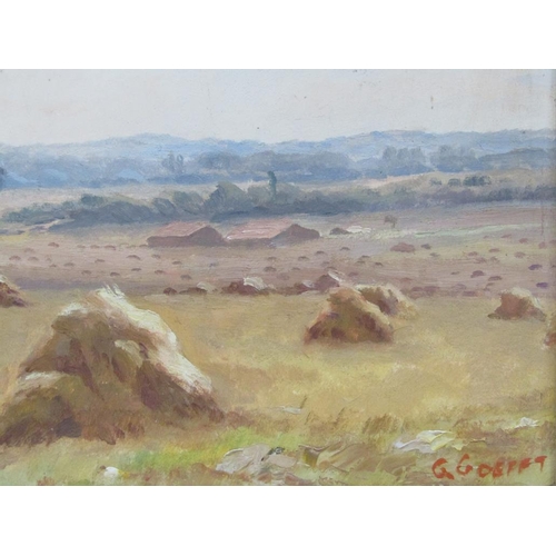 1286 - G GOEFFT - THE HARVEST FIELD, SIGNED WATERCOLOUR ON BOARD, 18CM X 23CM