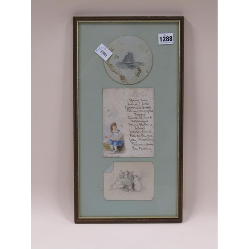 1288 - COLLAGE OF TWO WATERCOLOUR AND ONE PENCIL CARD, INCL A HAND WRITTEN MENU, 43CM X 23CM