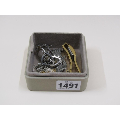 1491 - SMALL BOX OF COSTUME JEWELLERY AND WATCHES TO INC. MARCASITE BROOCH, LADIES MARCASITE WATCH ON 9ct W... 