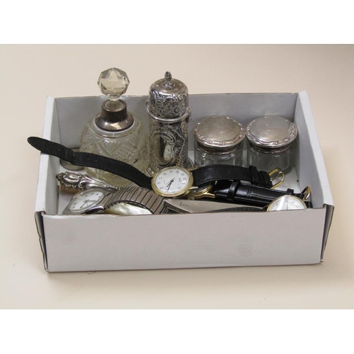 1501 - SILVER PEPPER, TWO SILVER TOPPED GLASS POTS, WATCHES, SHOE HORNS ETC