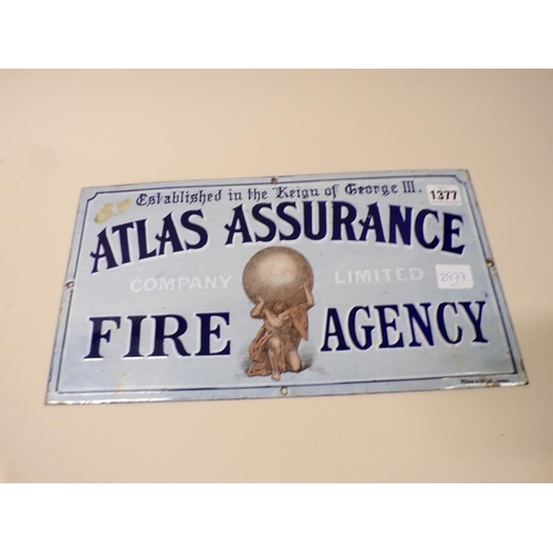 1377 - ENAMEL PLAQUE - ATLAS ASSURANCE FIRE AGENCY, 38CM W