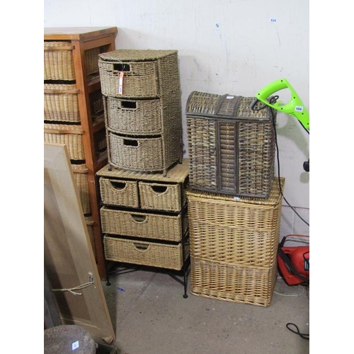 565 - TWO WICKER AND METAL CHESTS AND TWO BASKETS