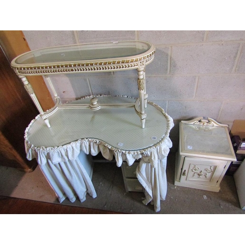 756 - KIDNEY SHAPED DRESSING TABLE, CREAM AND GILT STOOL AND A MIRROR TOP CUPBOARD