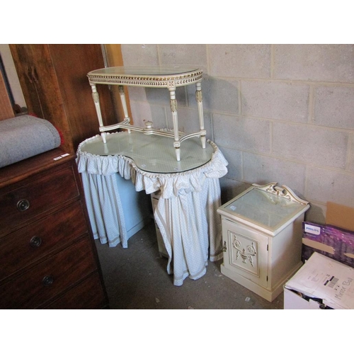 756 - KIDNEY SHAPED DRESSING TABLE, CREAM AND GILT STOOL AND A MIRROR TOP CUPBOARD