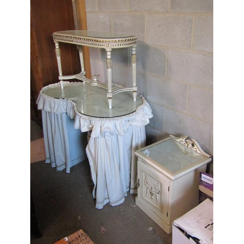 756 - KIDNEY SHAPED DRESSING TABLE, CREAM AND GILT STOOL AND A MIRROR TOP CUPBOARD