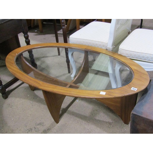 763 - GLASS AND TEAK COFFEE TABLE